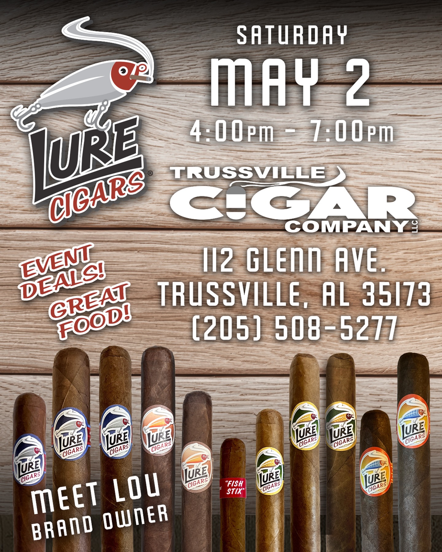 LURE CIGARS EVENT - Come join us for a FISH FRY Featuring Event Deals & Great Food! Trussville Cigar Co. - May 2 from 4:00-7:00pm @trussvillecigarcompanyllc @trussvillecigarcompany 

112 Glenn Ave.
Trussville, AL 35173
(205) 508-5277

#cigars #event #fishfry #lurecigars #trussvillecigarcompanyllc