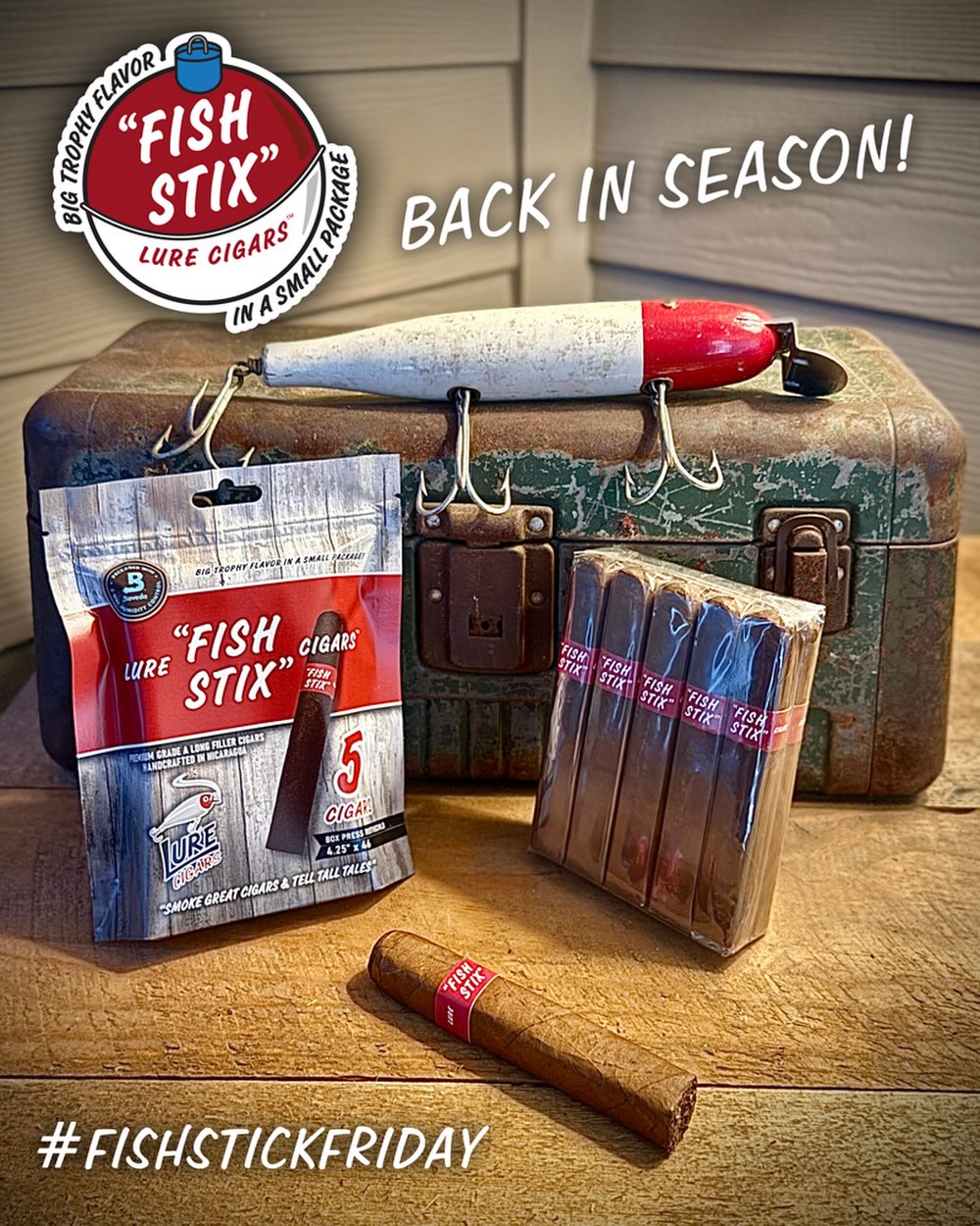 “Fish Stix” are back in season – Available in 10-count cellophane bundles and the signature, resealable 5-packs. These premium cigars land ‘Big Trophy Flavor in a Small Package!’ 

“Fish Stix” feature a flavorful Nicaraguan Habano 2000 wrapper over a thick ligero binder from Esteli and a selection of premium all long-filler Nicaraguan filler tobaccos, including Esteli, Jalapa, and Ometepe ligero. The strength of this cigar is medium-full, and that power is matched in flavor. Your palate will encounter notes of dark roast coffee, freshly tanned leather, pleasant baking spices, along with a bit of black peppercorn on the retrohale. Lure Cigars offers this smaller, full-flavored cigar for the quiet moments between casts, while on the go running errands, or between holes on the golf course. The box press is a nod to the look of frozen fish sticks. The box press vitola offers a slightly stronger profile with slightly less filler, with all the ligero kept in the blend.

CATCH SOME “FISH STIX” TODAY!

‘Smoke Great Cigars & Tell Tall Tales!’
🔥🎣💨

#fishstix #fishstickfriday #lurecigars #cigars #smokegreatcigarstelltalltales