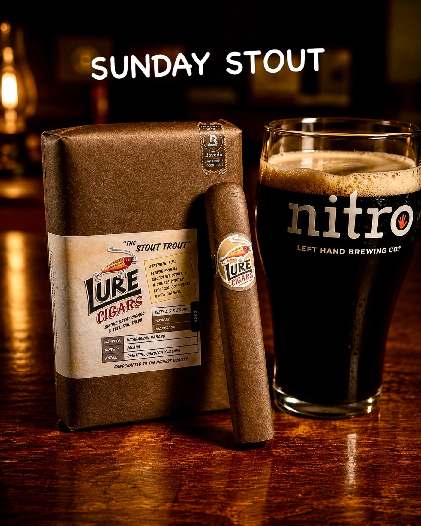 Sunday Stout. Halfway between the Mexican hot cocoa and the corner brownie of the other two Maduro cigars in our portfolio, “The Stout Trout” 5.5x55 box press Robusto Extra is a banger paired with a @lefthandbrewing Nitro Stout. It’s got just enough of the chocolate with a spice that balances with the sweetness of the malty goodness in the brew.

Go fishin’ at one of our selected retailers for this latest offering from @lurecigars.

As always… ‘Smoke Great Cigars & Tell Tall Tales!’ 🔥🎣💨

#stouttrout #lurecigars #cigars #smokegreatcigarstelltalltales #stoutsunday